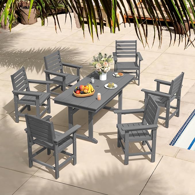 Rectangle Outdoor Dining Tables for 6, HDPS Weather Resistant Patio Dining Table, 66" Outdoor Tables with 1.96" Umbrella Hole for Porch, Balcony, Backyard, Grey