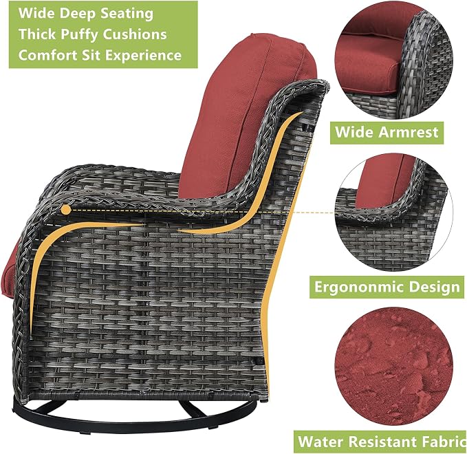 Rilyson Patio Chairs Rocking Swivel Chiar - 3 Piece Outdoor Wicker Patio Bistro Set Rattan Rocker Glider Chairs with High Back and Deep Seating for Outside Porch Deck Garden(Mixed Grey/Red)