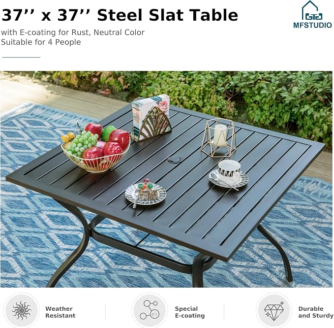MFSTUDIO 5 Pieces Patio Dining Set, Patio Table and Chairs for 4, Outdoor Rattan Dining Furniture, Outdoor Square Dining Table with Wicker Chairs, Deck, Backyard