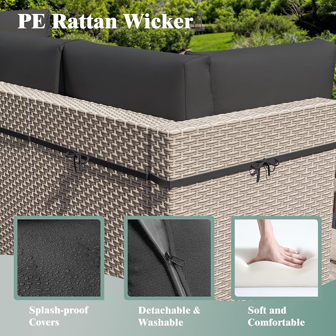 8 Pieces Patio Furniture Set with Fire Pit Table, Outdoor Sectional Wicker Sofa with Thick Cushions and Storage Coffee Table, Rattan Patio Conversation Sets, Black