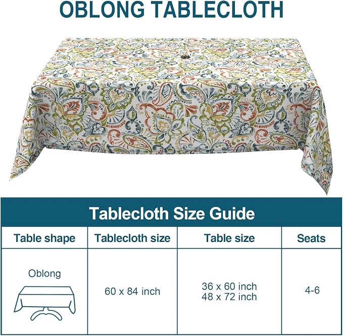 DYTXIII Outdoor Rectangle Tablecloth with Umbrella Hole and Zipper 84" x 60", Water Repellent Floral Picnic Cover, Fade & Wrinkle Resistant Tablecloth for Patio/Garden/Party Table, Paisley Botanical