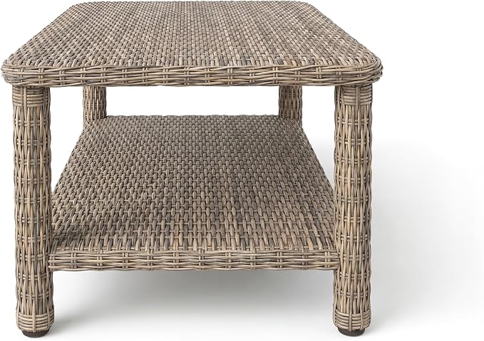 Martha Stewart Lily Pond Rattan Wicker Indoor-Outdoor Patio Coffee Table with Lower Storage Shelf in Weathered Gray