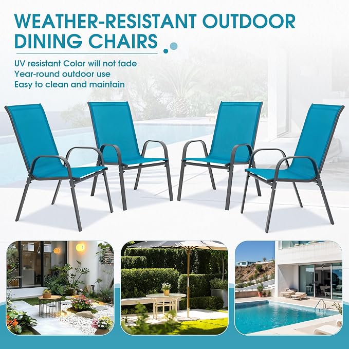 24.4" Wide Outdoor Stackable Chairs Set of 4, Stacking Patio Chairs with Textilene Fabric, Outside Furniture for Garden Backyard Balconie Poolside Deck, Blue