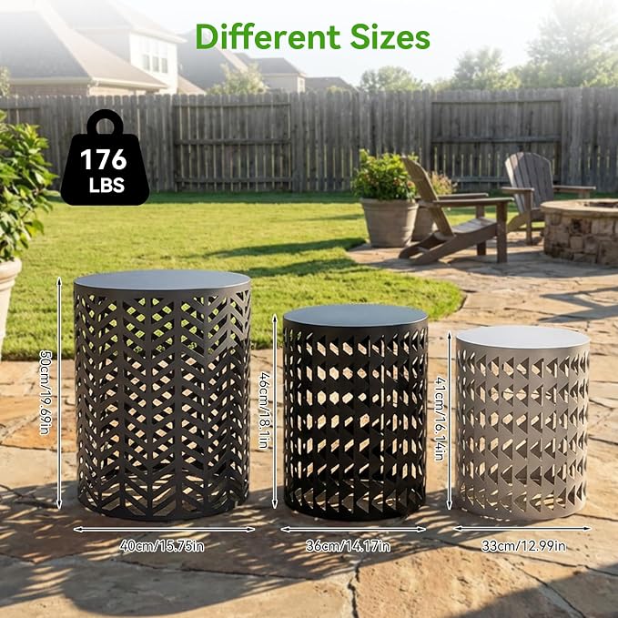 EVLIQUIL Outdoor Side Table Set of 3 | Decorative Metal End Table Stools, Stackable Patio Coffee Tables for Balcony, Garden, Indoor Living Room