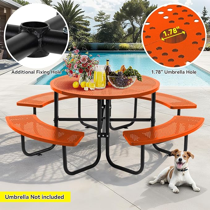 46" Round Metal Picnic Table with Umbrella Hole, Heavy Duty Outdoor Dining Set with Open Air Mesh Top, Stainless Steel Portable Table for Backyard, Patio, Garden - Orange (Orange-Round)