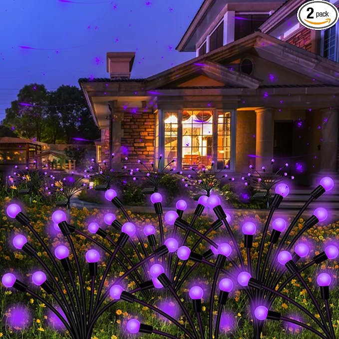 Solar Garden Lights Outdoor, 2 Pack 16 LED Solar Purple Firefly Lights Waterproof, Starburst Wind Swaying Light for Outside Yard Patio Planter Flower Bed Walkway Halloween Christmas Decoration