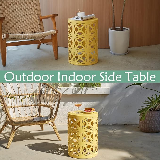 Y&M Outdoor Side Tables Set of 3, Metal Nesting Patio Side Tables for Outside, Decorative Garden Stool Plant Stand for Patio Garden Balcony Porch-Yellow