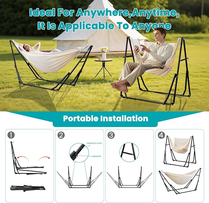 Hammock with Portable Steel Stand and Carrying Bag for Outside,Easy Set Up for Outdoor,Indoor,Backyard,Patio,Camping,Garden,Trip (White)