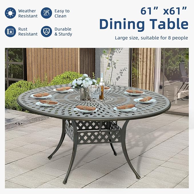 61" Large Outdoor Dining Table with 2" Umbrella Hole, Cast Aluminum Outdoor Patio Dining Table for 8 Person, All Weather Large Round Patio Table for Garden Lawn Backyard, Dark Bronze