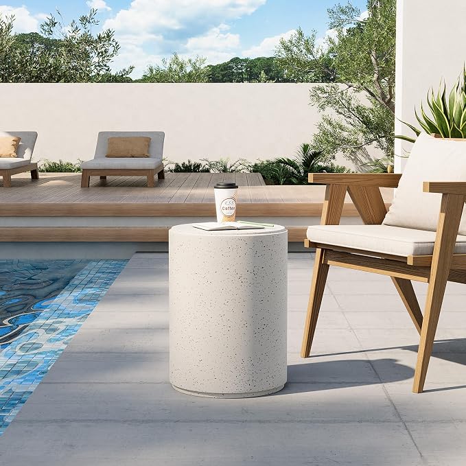 HOMPUS Outdoor Side Table Round, Concrete Lightweight MgO End Table, Patio Accent Coffee Table Garden Tool for Patio, Porch and Deck, Spotted White