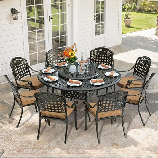 9-Piece Patio Furniture Dining Set, All Weather Cast Aluminum Outdoor Conversation Set- 61" Round Patio Dining Table with Detachable Lazy Susan & 8 Chairs, 2" Umbrella Hole, Khaki