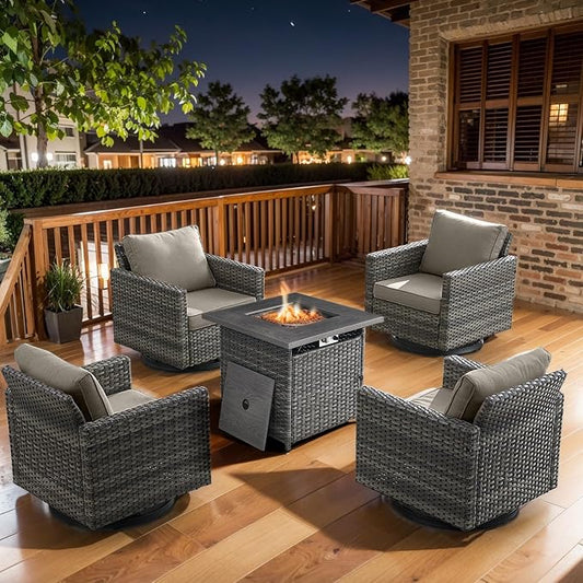 Belord 5 Pieces Wicker Patio Furniture Set: 4 Outdoor Swivel Glider Rocker Patio Conversation Set with 50000BTU Propane Fire Pit Table, All Weather Grey Rattan Anti-Rust Frame, Brown Cushion
