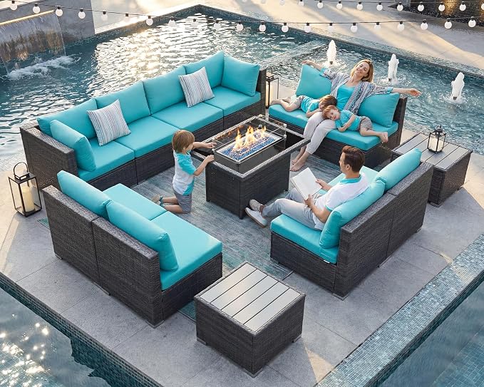 NICESOUL 13 Piece Outdoor Sectional Furniture with Firepit, Contemporary Back Yard Fireplace w/Seating Area, Plus Size 29.3'' High Back Patio Set, All-Weather Wicker Couch for Exterior, Gray & Teal