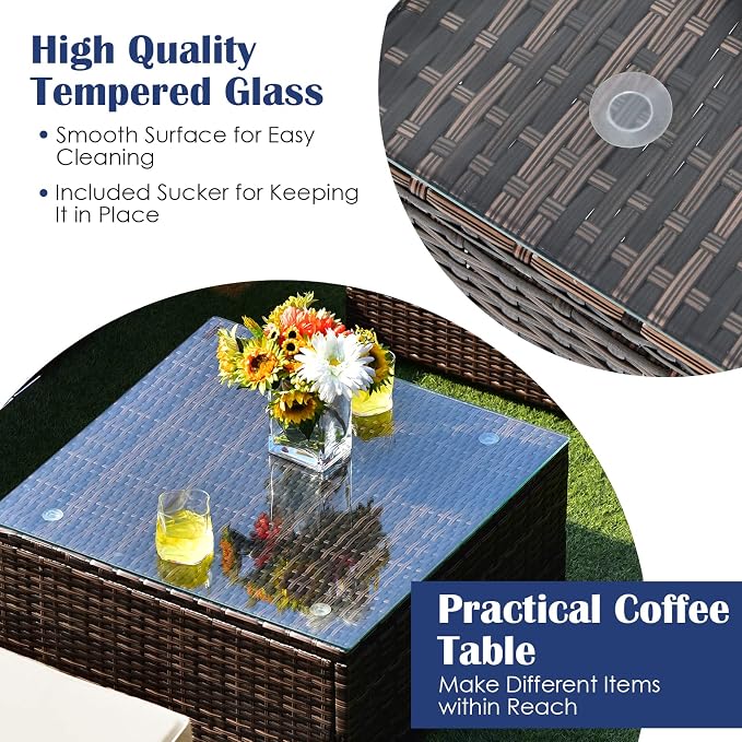 DORTALA 6 Pieces Patio Furniture Set, Outdoor Wicker Conversation Set with Glass Coffee Table, Wicker Sofa Set with Back & Seat Cushions, Rattan Sectional Conversation Couch Set, White