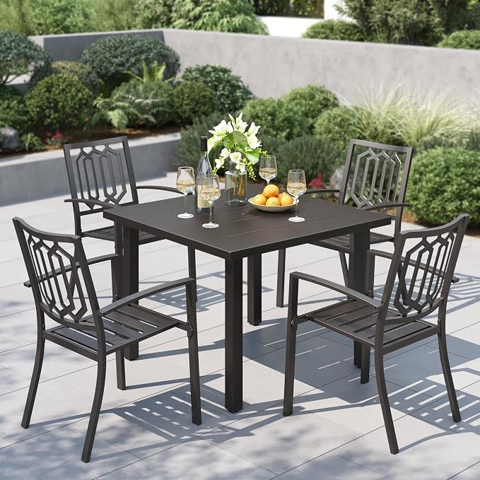 PHI VILLA 5 Pcs Metal Outdoor Table and Chairs,Square Wrought Iron Table | 34.2" Metal Table&Stackable Wrought Iron Chairs, All Weather Large Furniture Set for Patio, Deck, Backyard, Porch