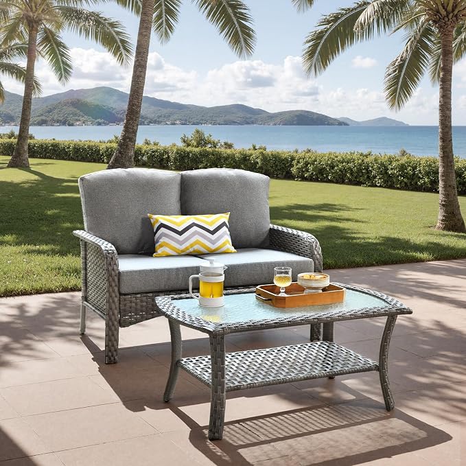 2-Piece Outdoor Patio Furniture Set with Coffee Table, Outdoor Conversation Wicker Sofa with Thickened Cushions, Rattan Couch for Deck Yard Poolside, Dark Grey