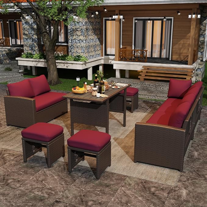 U-MAX 7 Pieces Patio Furniture Set, Outdoor Sectional Sofa Conversation Set, All Weather Wicker Rattan Dining Table & Chair with Ottoman, Brown Rattan&Wine Red Cushion