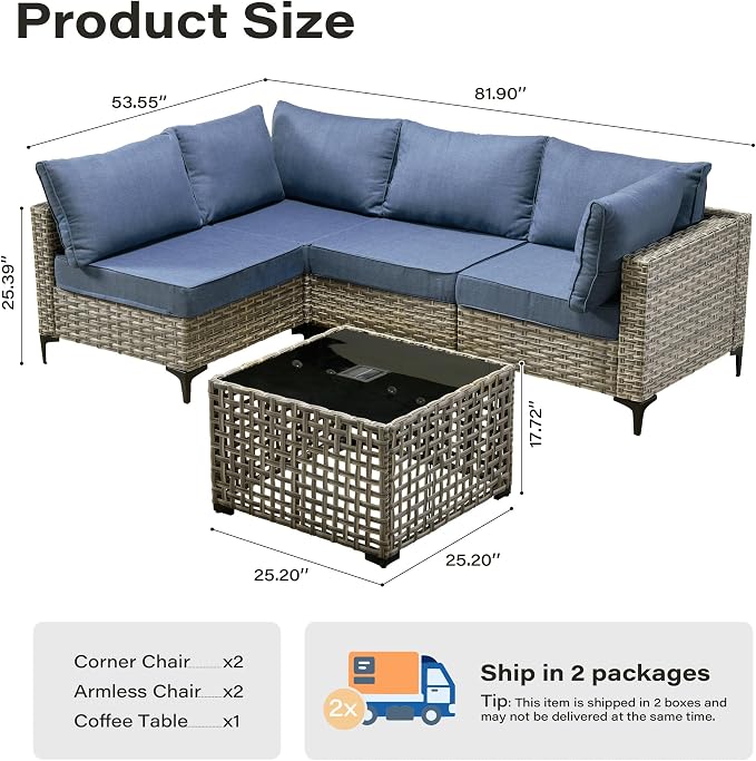 5 Pieces Patio Furniture Set with Solar Light Coffee Table, All-Weather Wicker Outdoor Sectional Conversation Sets L Shaped Sofas for Outside Porch Balcony Backyard Denim Blue
