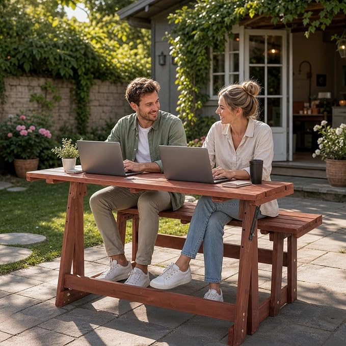2-IN-1 Convert A Bench Picnic Table Wood Bench to Table With Umbrella Hole | Convertible Wood Bench with Backrest,Foldable Space Saving,Easy to Assemble &Clean,Portable, Ideal for Patio, Porches, Garden