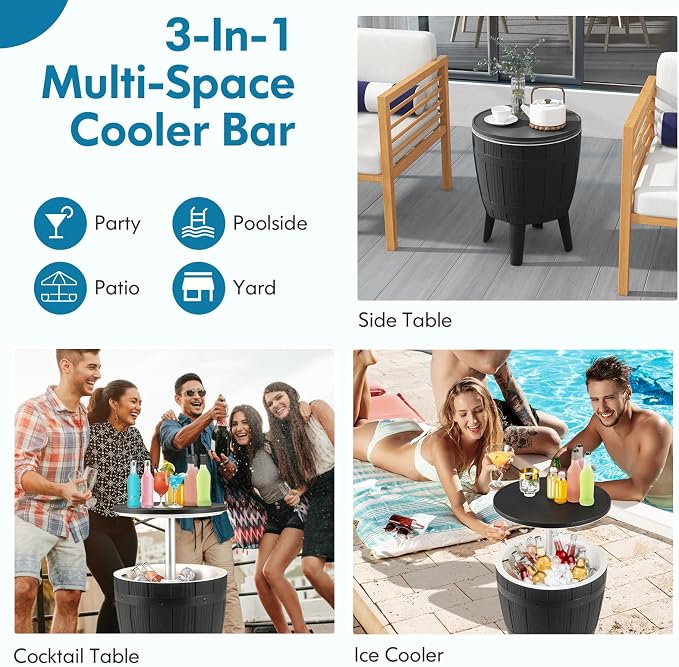 Moccha Outdoor End Table Cooler - 10 Gallon Cooler Side Table with Height Adjustable Tabletop, 3-in-1 Ice Bucket for Beer & Wine Storage, Cocktail Patio Bar Table for Deck Pool Backyard Party (Black)
