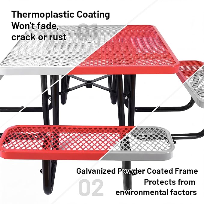 46" Square Metal Picnic Table for 4-8 Person, Durable Heavy Duty Commercial Picnic Table with Umbrella Hole for Outdoor Coffee Shop, School, Hospital, Easy to Install, Red