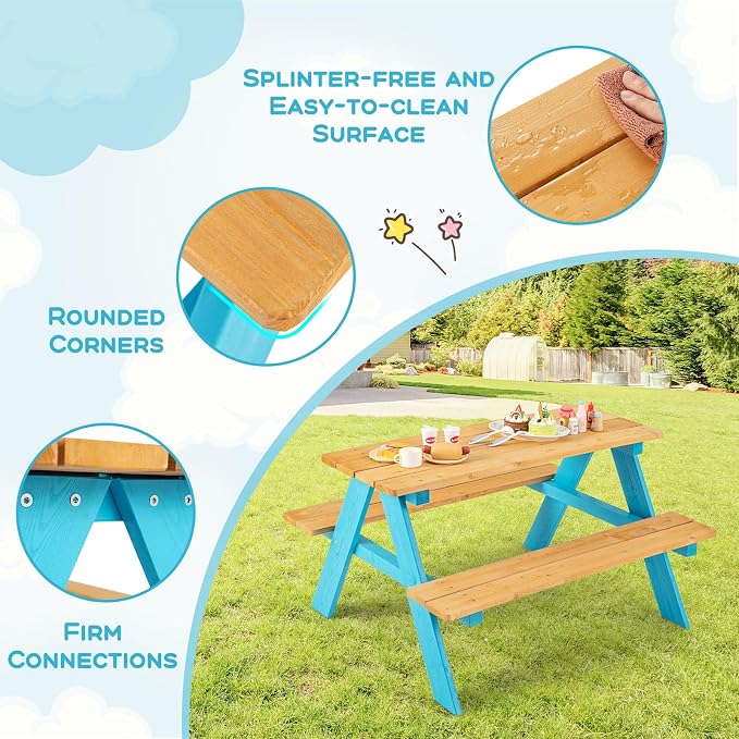 Costzon Kids Picnic Table, Fir Wood Children’s Activity Table with Benches, Toddler Patio Furniture Set, Kids Table and Chair Set for Outdoors, Backyard, Garden, Lawn, Gift for Boys Girls 3+