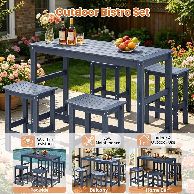 5Pcs HIPS Outdoor Bar Set, Weatherproof Patio Bar Table and Chairs Set for Outside, 55" Rectangular High Top Bar Table with 4 Bar Stools for Patio, Poolside, Balcony, Hot Tub, Blue