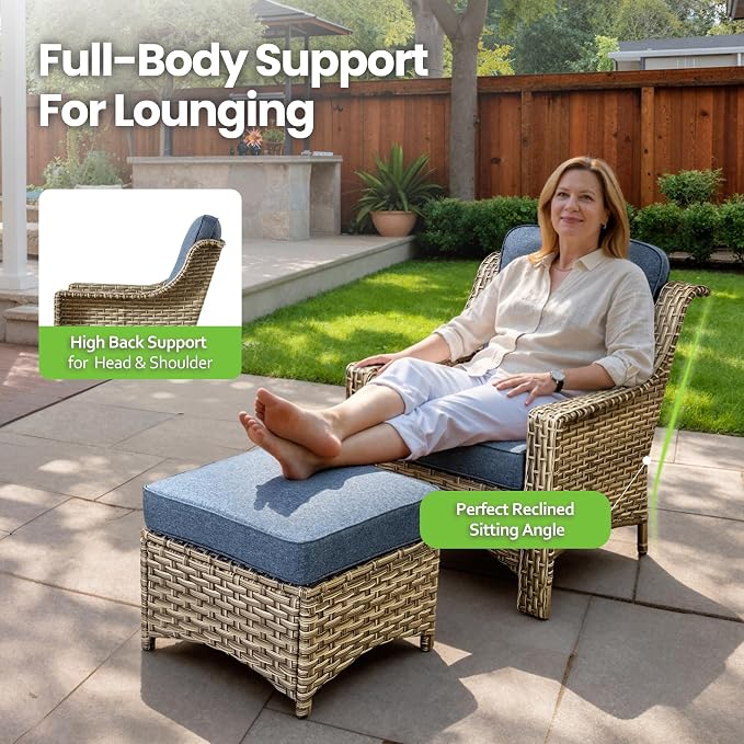 8 Piece Patio Furniture Set with Fire Pit Table, All Weather Wicker High Back Sofa Chairs Ottoman with Thick Cushion, Outdoor Conversation Sets for Large Backyard Deck Garden, Denim Blue