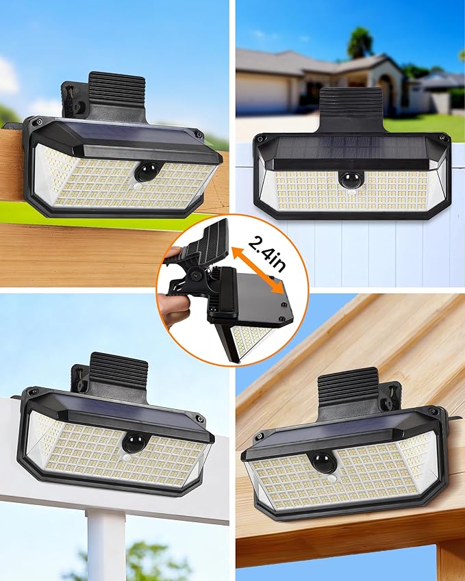 LUHLEE 416 LEDs Clip On Solar Lights Outdoor, 1500LM & 300° Angle Bright Motion Sensor Outdoor Lights with 3 Lighting Modes, IP65 Waterproof Flood Solar Light for Fence, Patio, Backyard, Gutter 2Pack