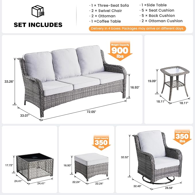 ovios 7-Piece Patio Furniture Set with Swivel Chairs Side Table, Outdoor Wicker Sofa with Comfy Cushions, High Back Couch Modern Conversation Sets, Grey/Grey
