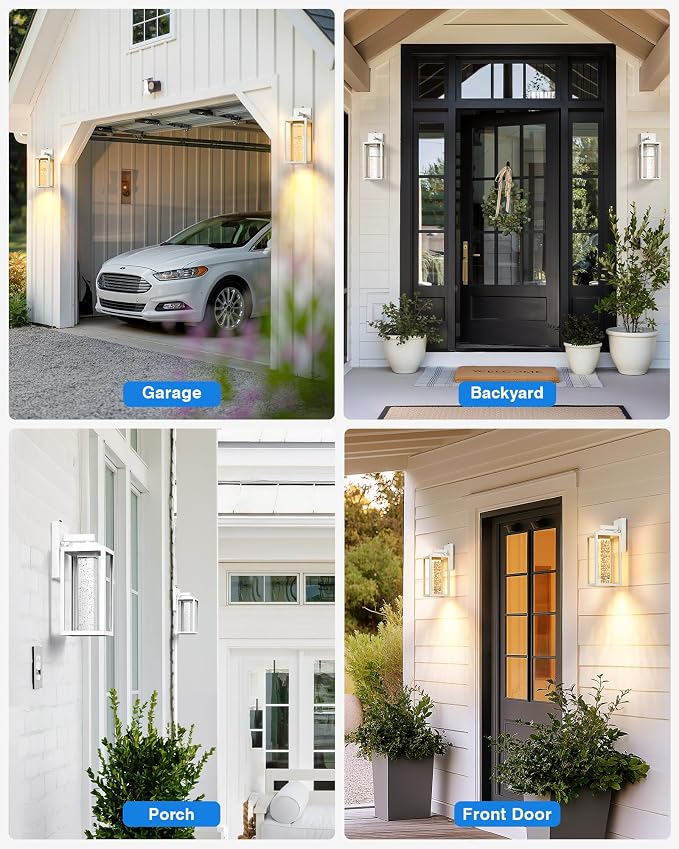 VIANIS White Exterior Lighting Fixtures for House, Large Dusk to Dawn Outdoor Wall Sconce Lantern for Porch, Outdoor Garage Lights Wall Mount with Integrated 10W LED Light Source Crystal Bubble Glass