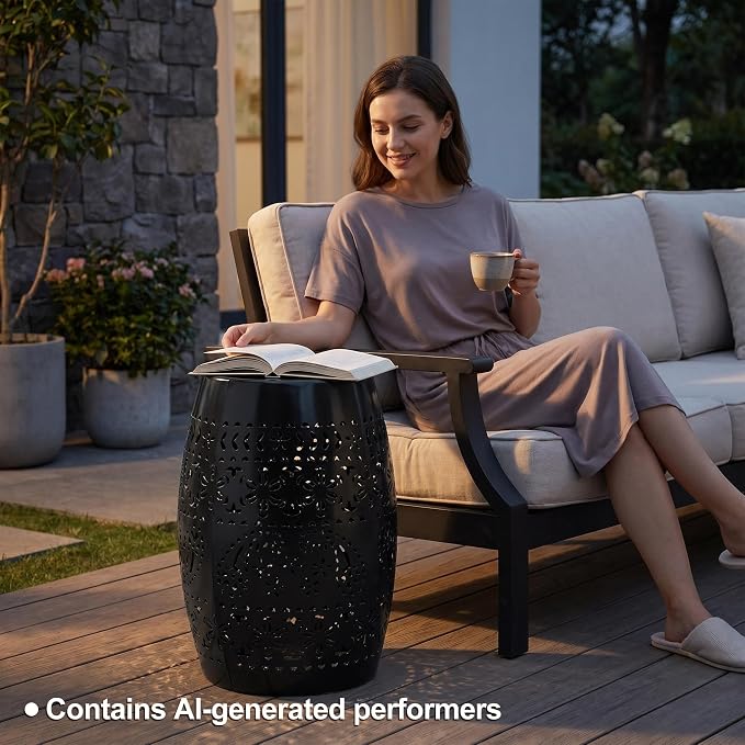 12" Outdoor Solar Side Table, Metal Cutout Drum Side Table, Coffee End Tables, Patio Garden Stool for Small Spaces, Living Room, Backyard, Poolside (1, Black + Solar)