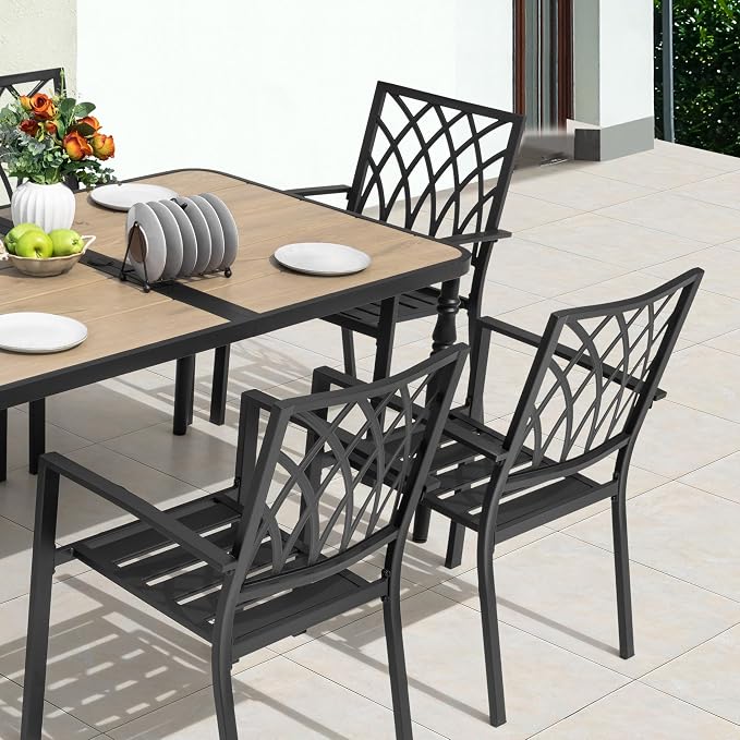 NUU GARDEN 7-Piece Outdoor Dining Set for 6, Patio Wood-Grain Table and Stackable Chairs Set with Umbrella Hole, 7 Pieces Metal Outdoor Furniture Set for Patio, Garden, Backyard, Black