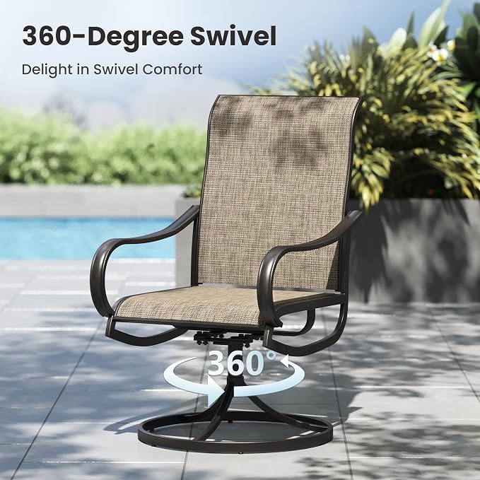 PHI VILLA Outdoor Dining Set for 6 Person, Wooden Texture Metal Table with Umbrella Holes and 2 Swivel & 4 Fixed Chairs All Weather Patio Table and Chairs for Deck Garden Yard