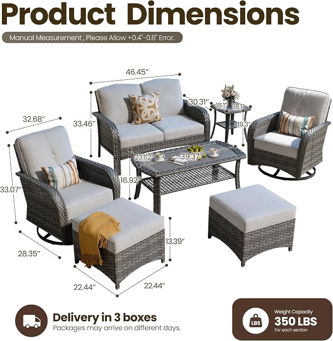 7 Piece Wicker Patio Furniture Set with Swivel Rocker Chairs, Gray | High Back Rocking Chair Sofa, Heavy Duty All Weather Rattan Outdoor Conversation Set, Thick Cushion, Balcony Porch Backyard