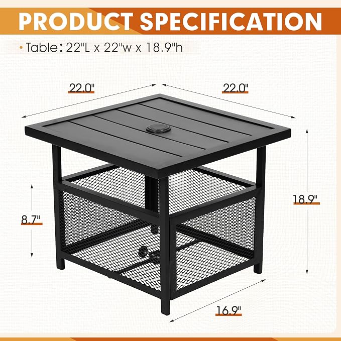 Outdoor Patio Umbrella Side Table Stand, Outdoor Bistro Square Steel Table with 1.57'' Umbrella Hole for Deck Garden Pool Backyard, Black