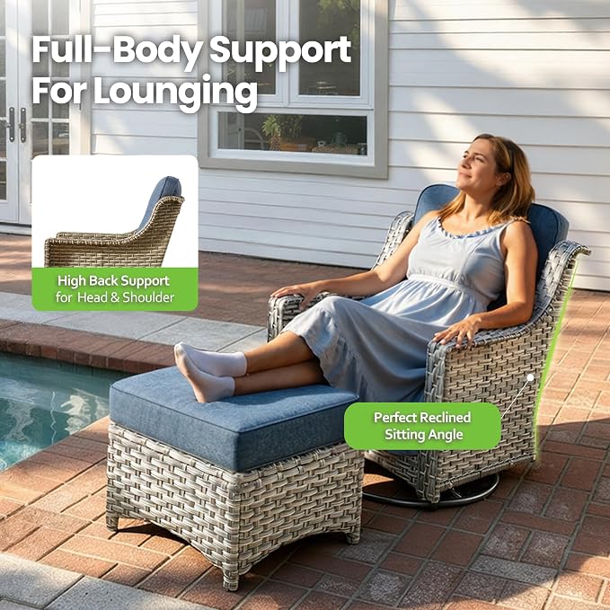 3 Piece Patio Furniture Set, Outdoor High Back Swivel Rocker Chairs Set of 2 with Side Table, All Weather Wicker Glider Chair with Thick Cushions for Backyard Balcony Porch, Denim Blue