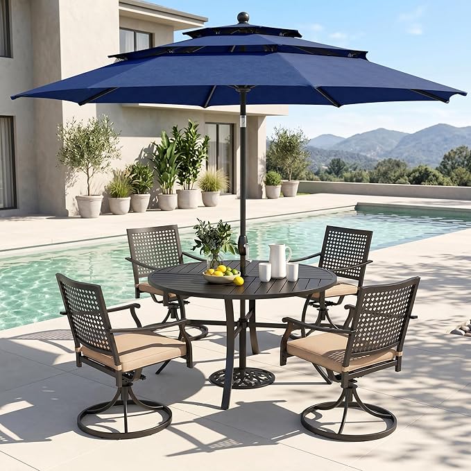 PHI VILLA Outdoor Round Table Set w/Umbrella, Patio Metal Furniture for 4 | 42" wrought iron table & swivel chairs. 10ft blue umbrella. 5pc dining set for deck, porch, backyard.