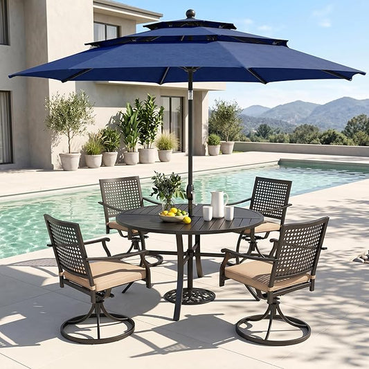 PHI VILLA Outdoor Round Table Set w/Umbrella, Patio Metal Furniture for 4 | 42" wrought iron table & swivel chairs. 10ft blue umbrella. 5pc dining set for deck, porch, backyard.