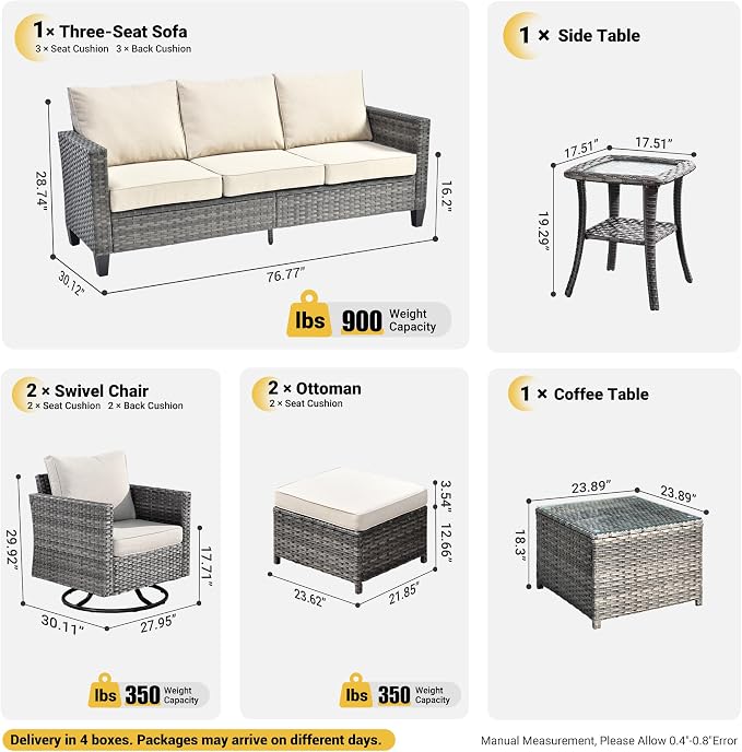 ovios 7 Pieces Patio Furniture Set, Outdoor Wicker Sofa with Rocking Swivel Chairs, Coffee Table, High Back Grey Rattan Conversation Set for Backyard Deck Porch, Beige