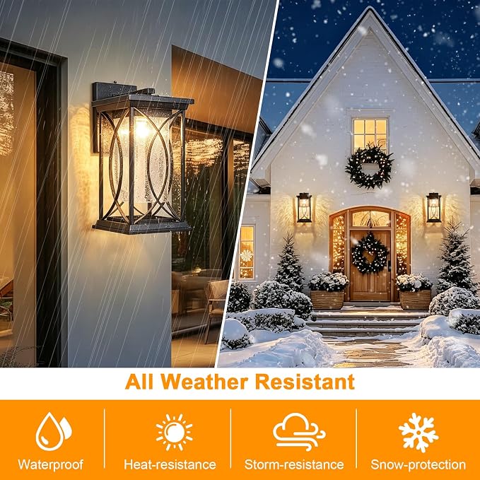 18" Extra Large Outdoor Sconce with photocell Sensor Coach Lantern Modern Large Exterior Light Fixture Waterproof Black Metal with Crack-Like Glass Dusk to Dawn Mission Outside Proch Light