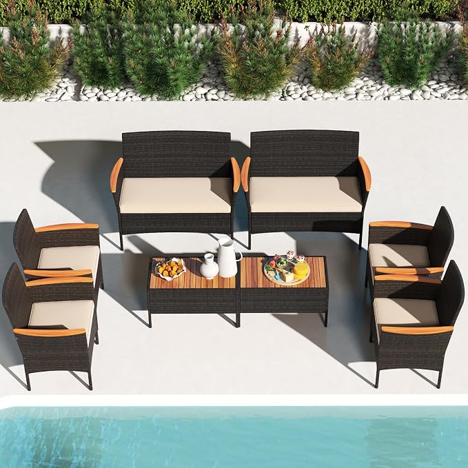 Tangkula 8 Pieces Patio Wicker Sofa Set, 2 Rattan Chairs & Loveseat w/Coffee Table, Acacia Wood Armrests & Tabletop, Outdoor Cushioned Conversation Set for Backyard, Poolside (Beige, 8 Pieces)