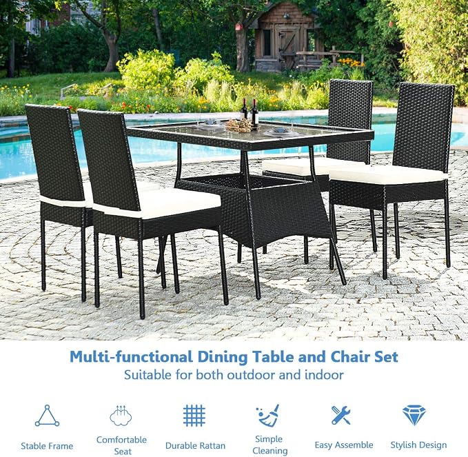 RELAX4LIFE 5-Piece Wicker Dining Set - Patio Rattan Dining Furniture w/ 1 Rectangular Table, 4 Chairs & Removable Soft Cushions, Indoor & Outdoor Dining Table Set w/Tempered Glass Top, Black