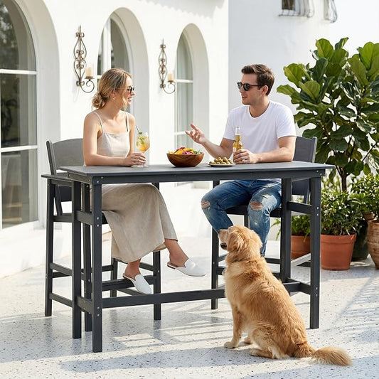 3 Piece Outdoor Bar Height Table and Chairs Set, HDPE Outdoor High Top Table and Chairs with Aluminum Reinforced Tabletop, All Weather Bar Height Patio Set for Deck/Balcony/Backyard, Grey