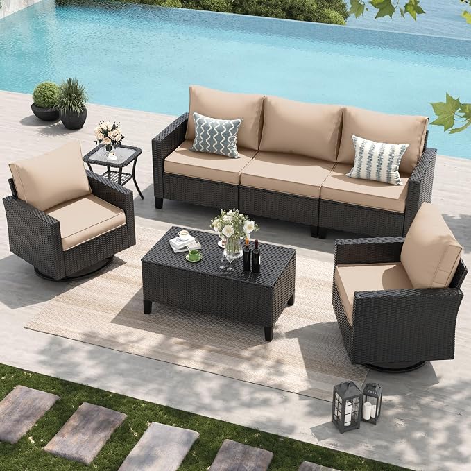 Amopatio Patio Furniture Set, Wicker Outdoor Sectional Sofa with Swivel Rocker Chairs, All-Weather Rattan Conversation Set, Storage Coffee Table, Waterproof Cover for Backyard,Deck Black/Khak 5 PCS