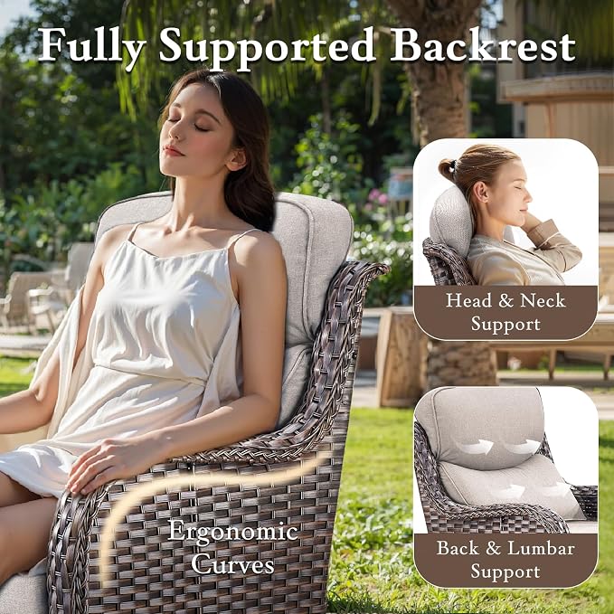 Luxury High Back Outdoor Furniture with 6-inch Extra Thick Cushions, Patio Furniture Set with Fire Pit Table & Swivel Chairs, 4 PCS Wicker Conversation Set for Yard, Deck, Poolside, Brown/Beige