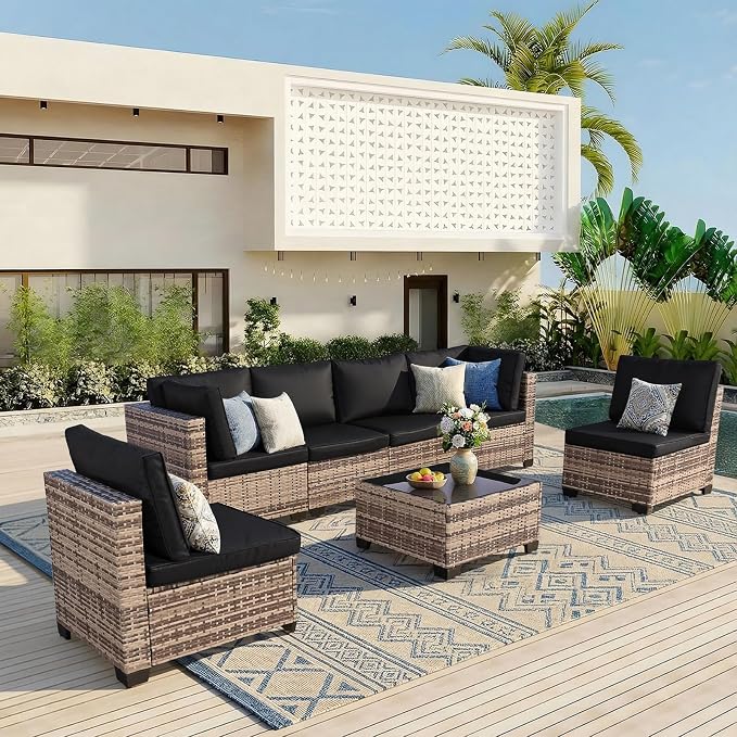 FHFO 14 Piece Outdoor Wicker Patio Furniture Set, Yellow/Black | Sectional Sofa | All-Weather Hand-Woven Rattan | Tempered Glass Coffee Table | Free Combination | Indoor & Outdoor Use