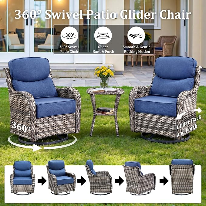 Luxury High Back Patio Furniture Set with 6-Inch Thick Cushions, 4-Pieces Outdoor Furniture with Swivel Chairs, Wicker Conversation Set for Porch, Balcony, Deck and Yard, Grey/Blue