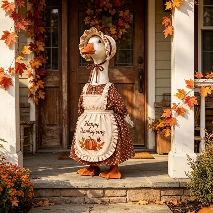 Thanksgiving Pilgrim Porch Goose Outfits for 23'' Goose Statue | Fall Pumpkin Dress Goose Clothes, Pilgrim Costume, ''Happy Thanksgiving'' Apron, Bonnet, Autumn Yard Patio Garden Decor