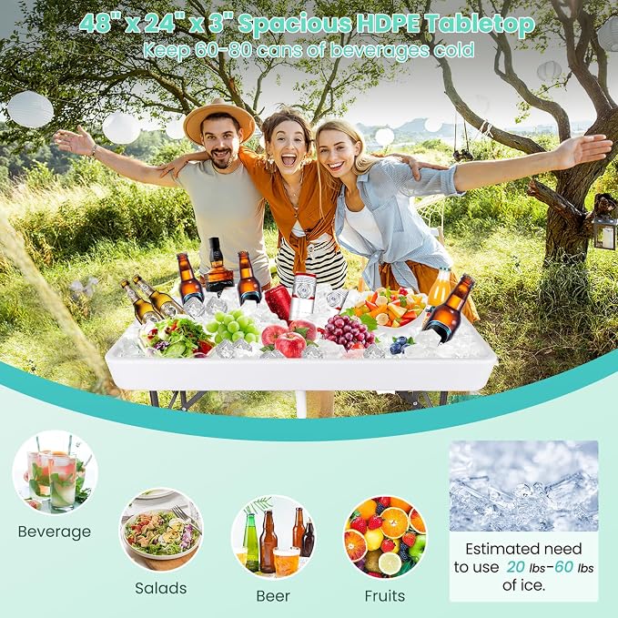 LDAILY Cooler Table, Outdoor Beverage Ice Tables for Parties with Drain, 3” Deep Sink, Removable Matching Skirt, Portable Folding Fish Cleaning Table for Camping, Picnic, Wedding, BBQ, Buffet (White)